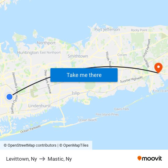 Levittown, Ny to Mastic, Ny map