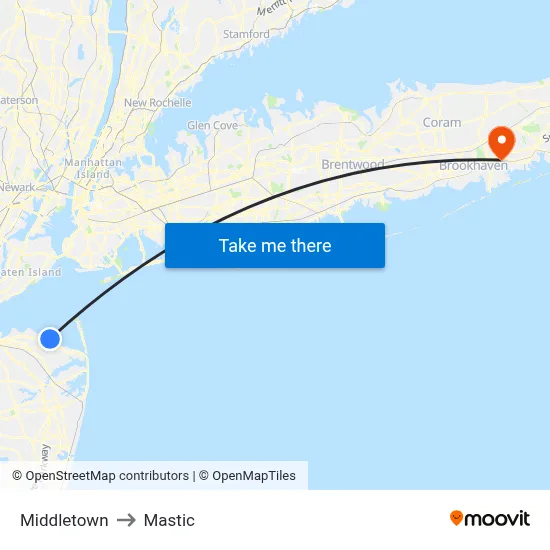 Middletown to Mastic map