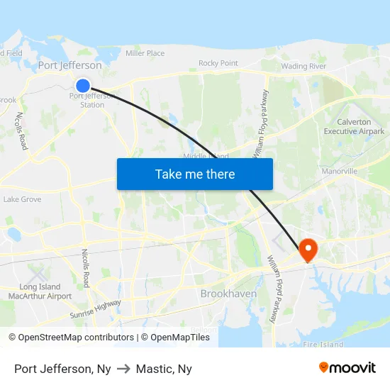 Port Jefferson to Mastic, Ny map