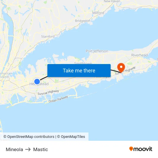 Mineola to Mastic map