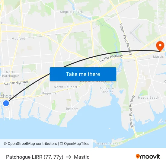 Patchogue LIRR (77, 77y) to Mastic map