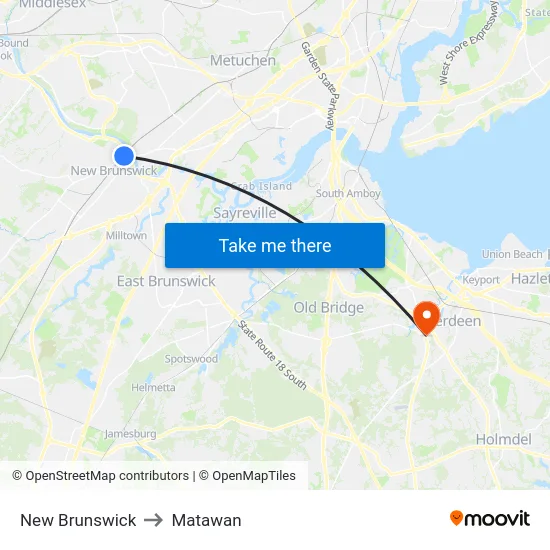 New Brunswick to Matawan map