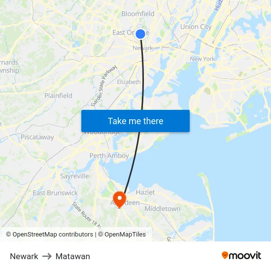 Newark to Matawan map