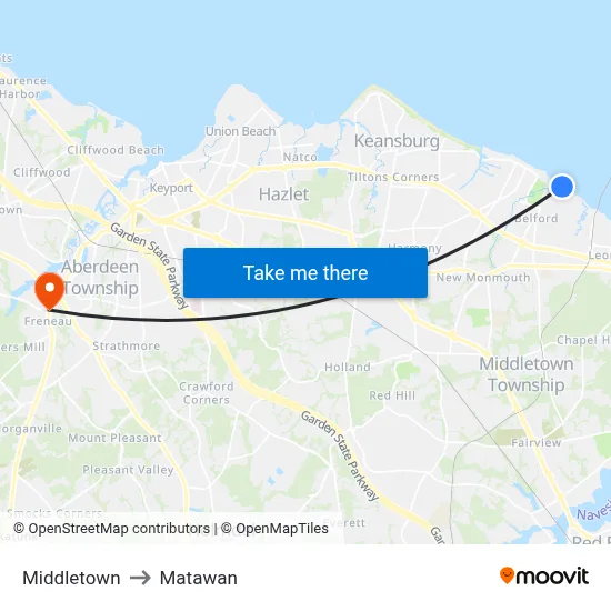 Middletown to Matawan map