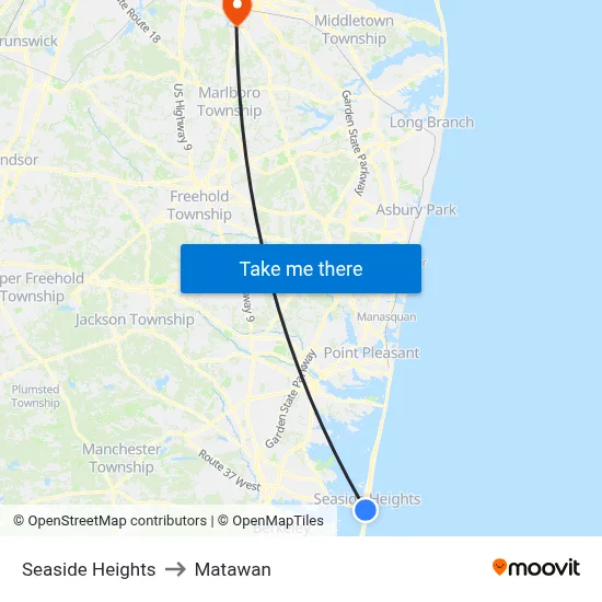 Seaside Heights to Matawan map