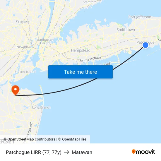 Patchogue LIRR (77, 77y) to Matawan map
