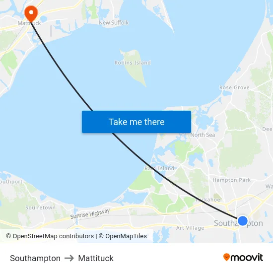 Southampton to Mattituck map