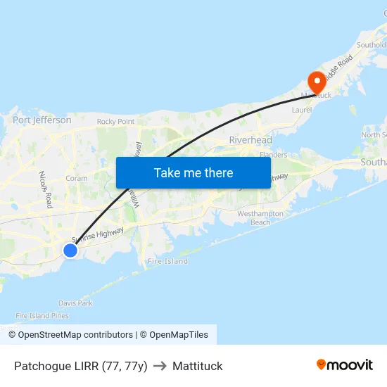 Patchogue LIRR (77, 77y) to Mattituck map