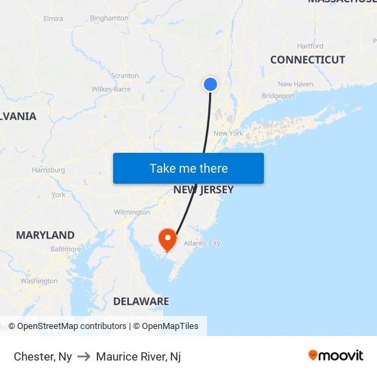 Chester, Ny to Maurice River, Nj map