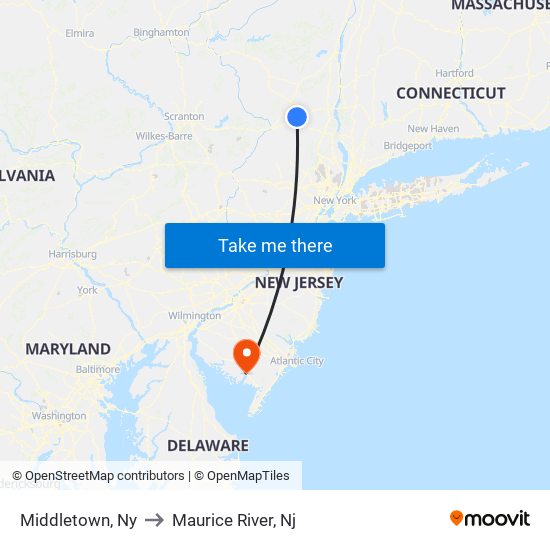 Middletown, Ny to Maurice River, Nj map