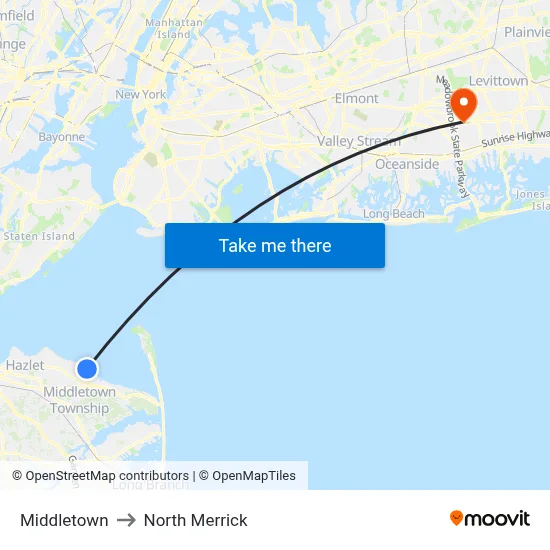 Middletown to North Merrick map
