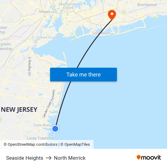 Seaside Heights to North Merrick map