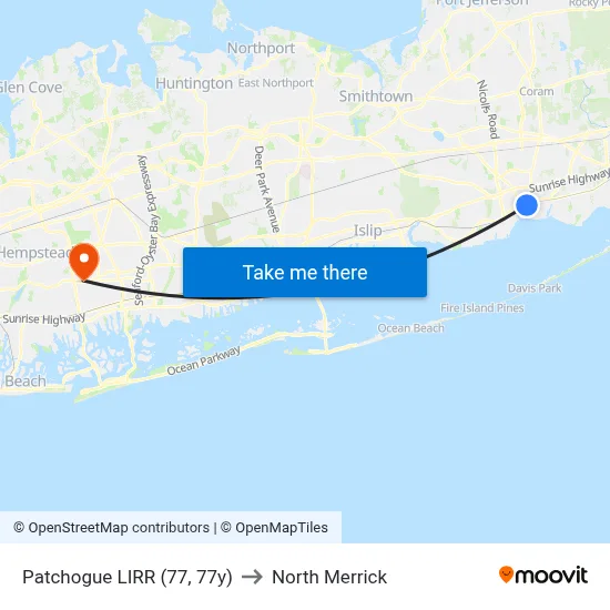 Patchogue LIRR (77, 77y) to North Merrick map