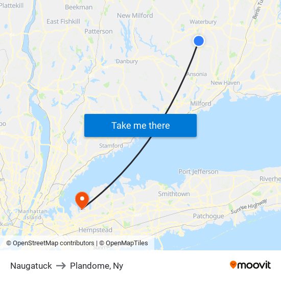 Naugatuck to Plandome, Ny map