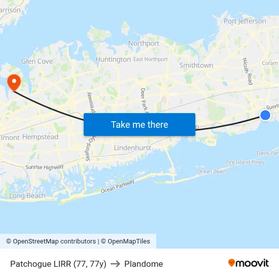 Patchogue LIRR (77, 77y) to Plandome map