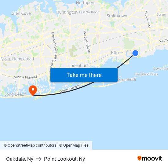 Oakdale, Ny to Point Lookout, Ny map