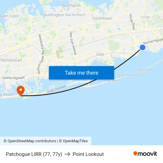 Patchogue LIRR (77, 77y) to Point Lookout map