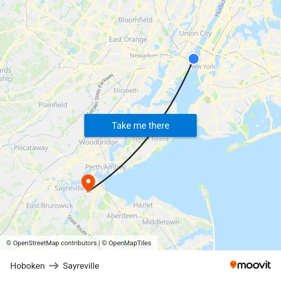 Hoboken to Sayreville map