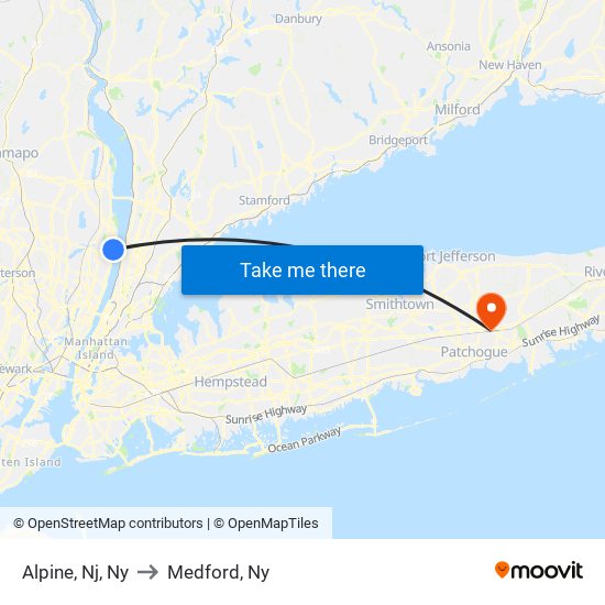 Alpine, Nj, Ny to Medford, Ny map