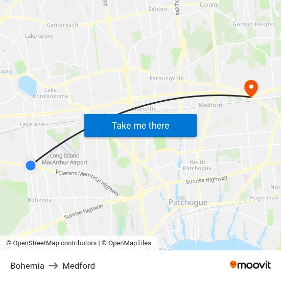 Bohemia to Medford map