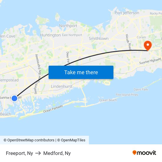 Freeport, Ny to Medford, Ny map