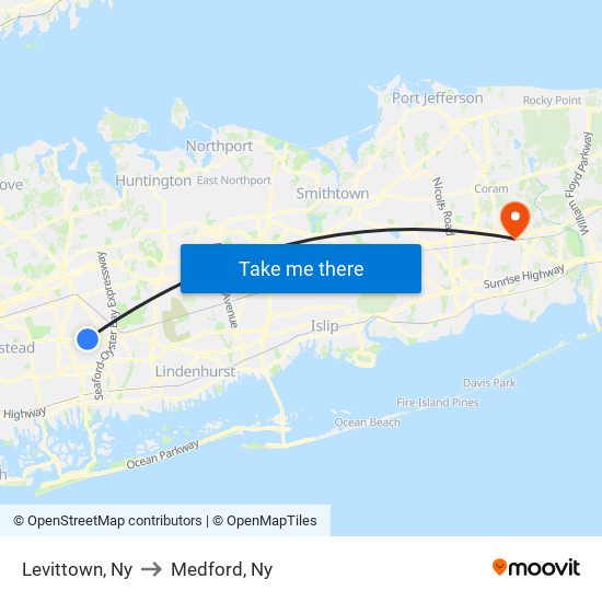 Levittown, Ny to Medford, Ny map