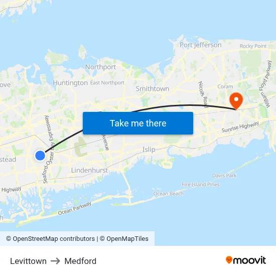 Levittown to Medford map