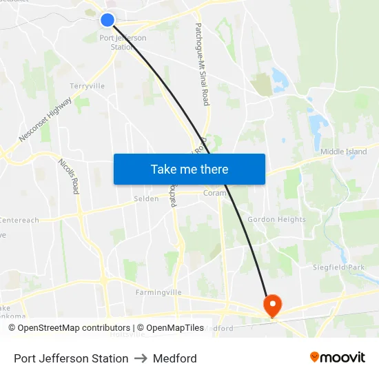 Port Jefferson Station to Medford map