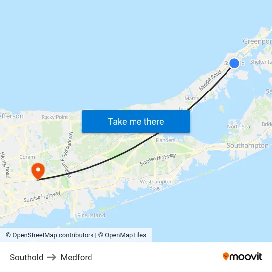 Southold to Medford map