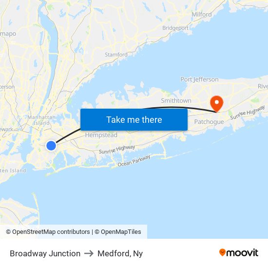 Broadway Junction to Medford, Ny map