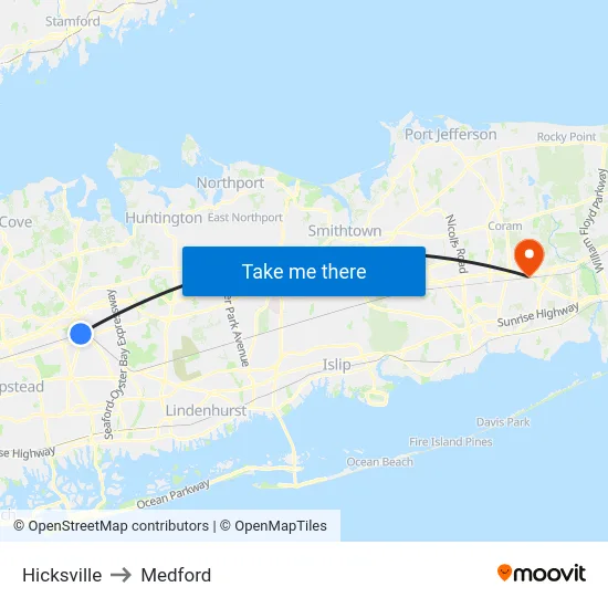 Hicksville to Medford map