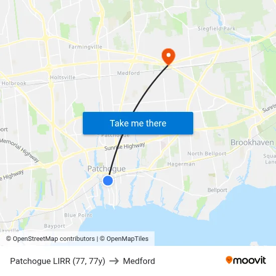 Patchogue LIRR (77, 77y) to Medford map