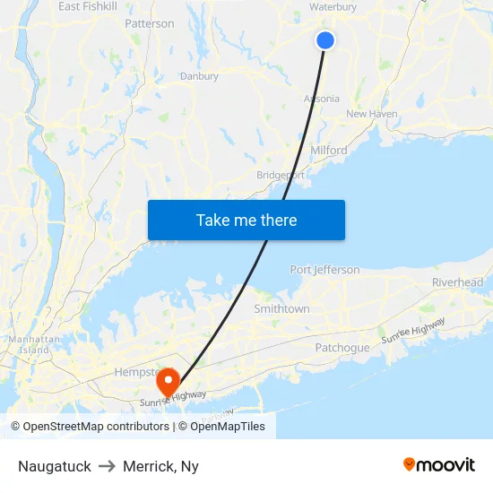 Naugatuck to Merrick, Ny map