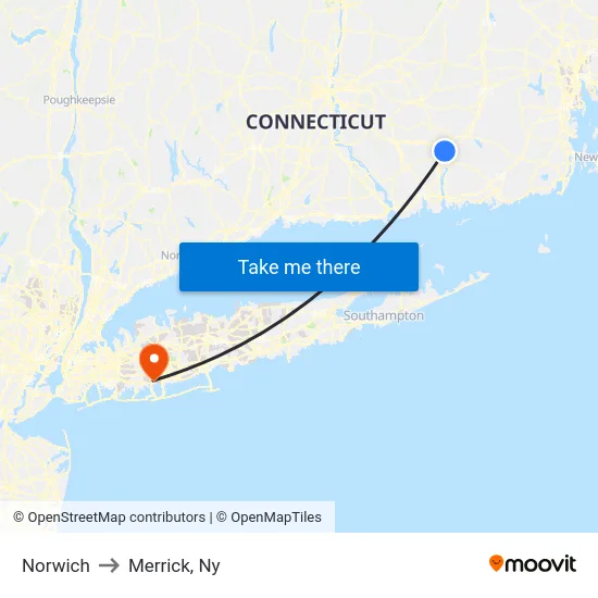 Norwich to Merrick, Ny map