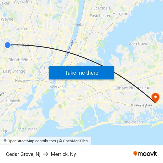 Cedar Grove to Merrick, Ny map