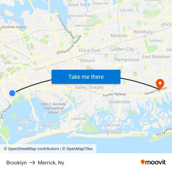 Brooklyn to Merrick, Ny map
