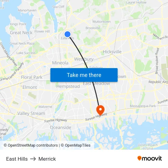 East Hills to Merrick map