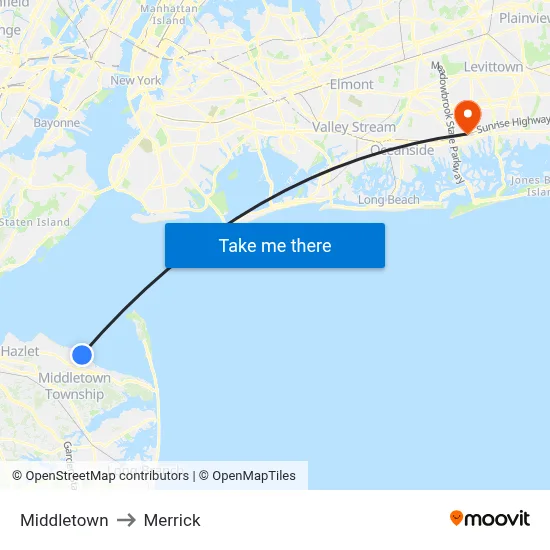 Middletown to Merrick map
