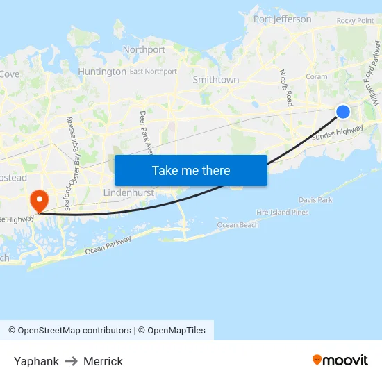Yaphank to Merrick map
