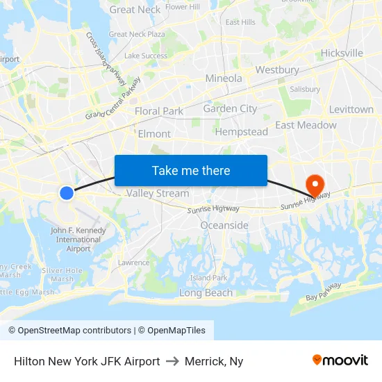 Hilton New York JFK Airport to Merrick, Ny map