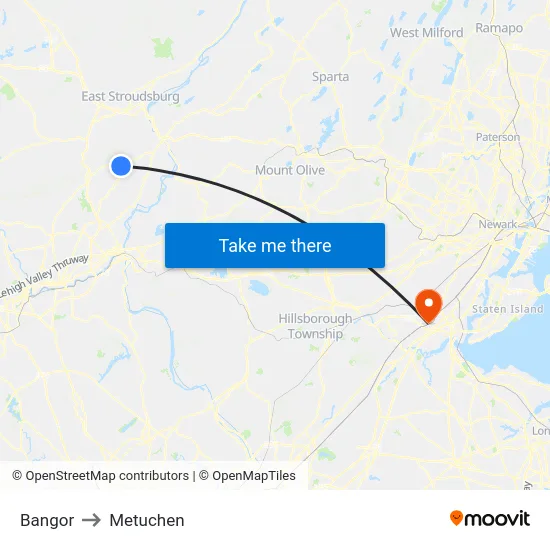 Bangor to Metuchen map