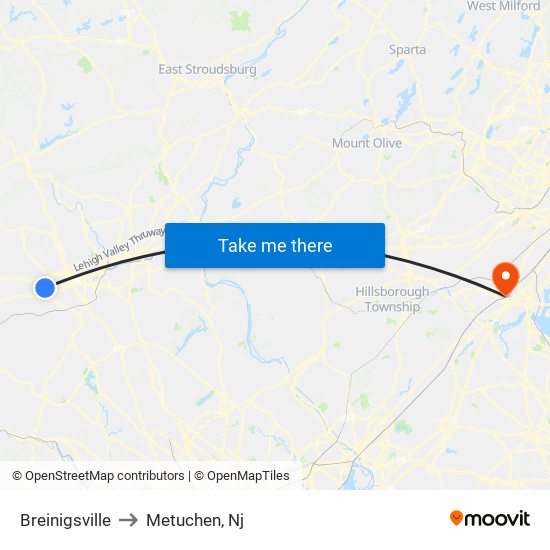 Breinigsville to Metuchen, Nj map