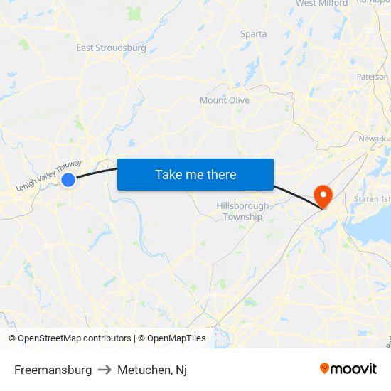 Freemansburg to Metuchen, Nj map