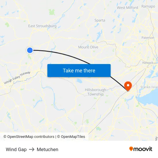 Wind Gap to Metuchen map