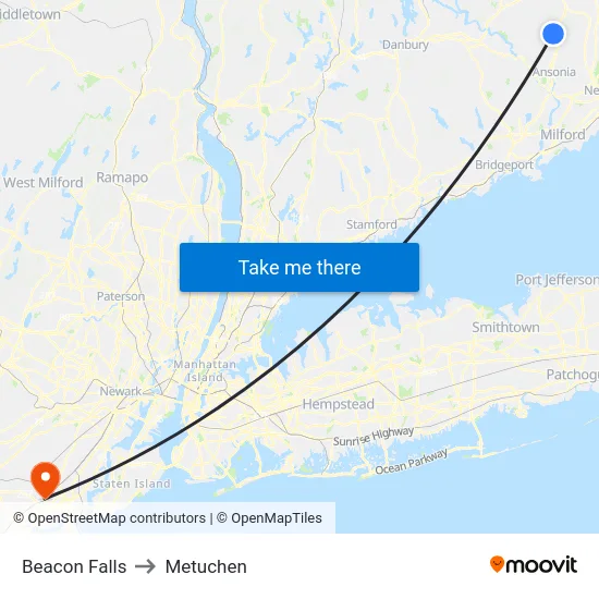 Beacon Falls to Metuchen map