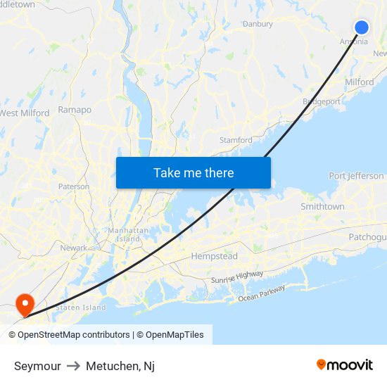 Seymour to Metuchen, Nj map