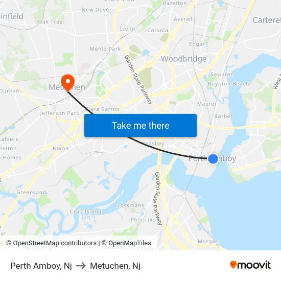 Perth Amboy to Metuchen, Nj map