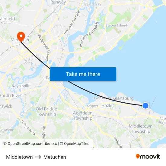 Middletown to Metuchen map