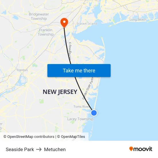 Seaside Park to Metuchen map