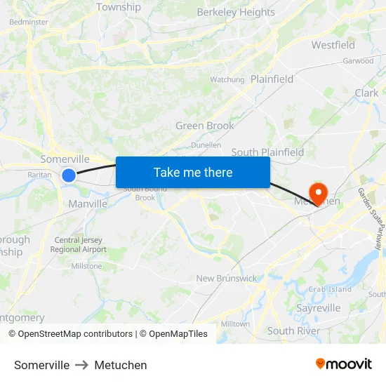 Somerville to Metuchen map